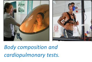This is a picture of two individuals participating in body composition and cardiopulmonary tests