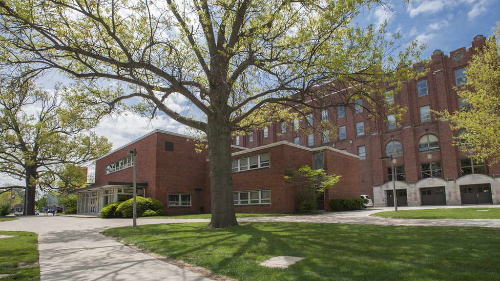 University of Iowa Field House exterior in spring